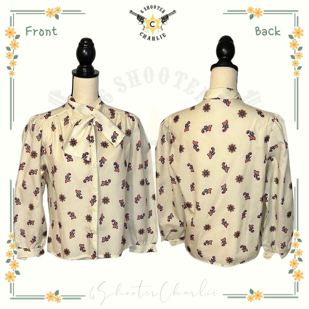 Vintage 70s DonKenney Women's Blouse White Geometric Print Size 16 Made in USA